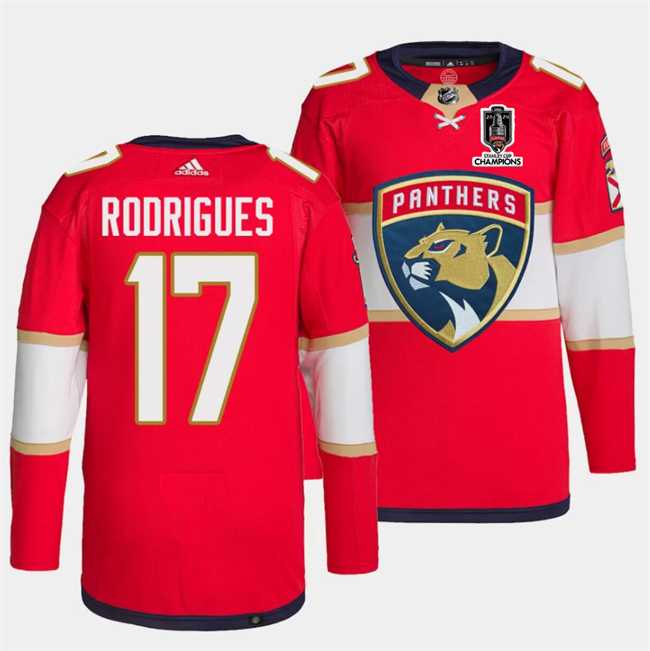 Mens Florida Panthers #17 Evan Rodrigues Red Home 2024 Stanley Cup Champions Stitched Jersey Dzhi